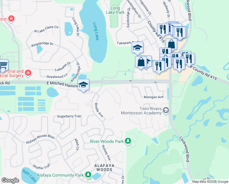 map of restaurants, bars, coffee shops, grocery stores, and more near 1005 Vannessa Drive in Oviedo