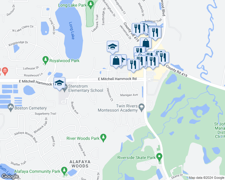 map of restaurants, bars, coffee shops, grocery stores, and more near 1098 Manigan Avenue in Oviedo