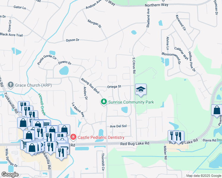 map of restaurants, bars, coffee shops, grocery stores, and more near 1100 Santa Cruz Way in Winter Springs
