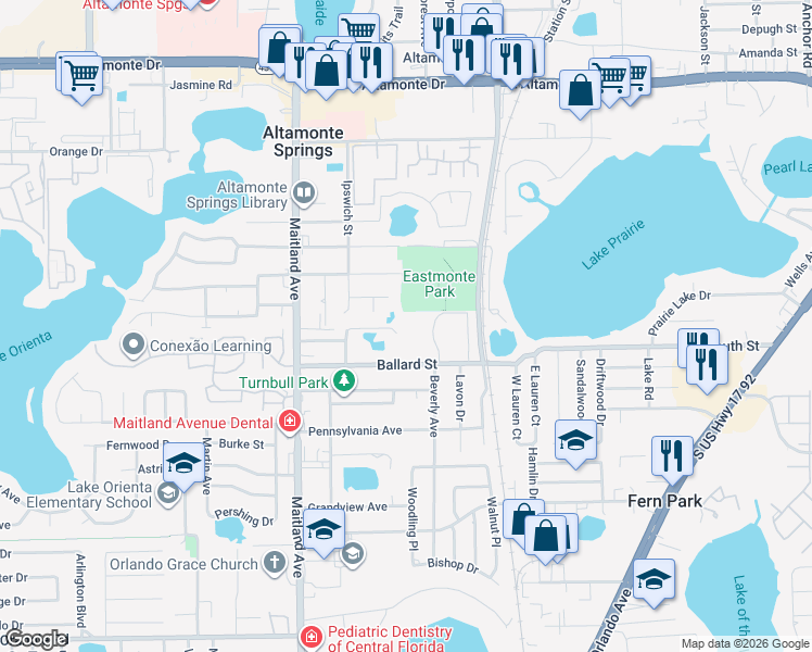 map of restaurants, bars, coffee shops, grocery stores, and more near 863 Ballard Street in Altamonte Springs