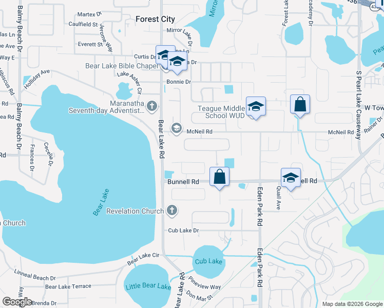map of restaurants, bars, coffee shops, grocery stores, and more near 1652 Bear Crossing Circle in Apopka