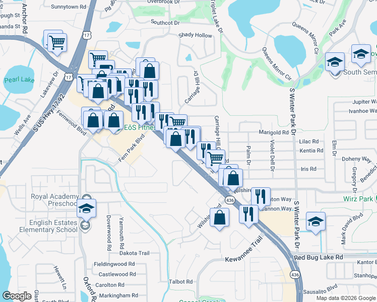 map of restaurants, bars, coffee shops, grocery stores, and more near 430 Florida 436 in Casselberry
