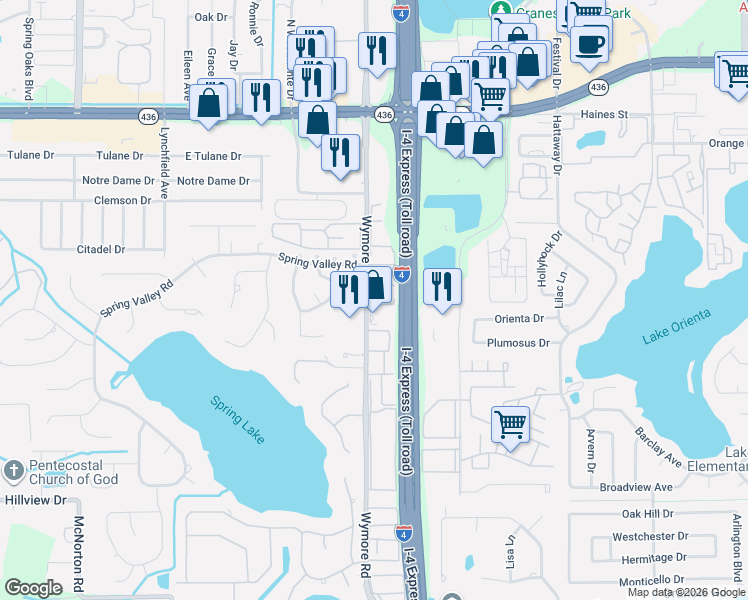 map of restaurants, bars, coffee shops, grocery stores, and more near 425 Wymore Road in Altamonte Springs