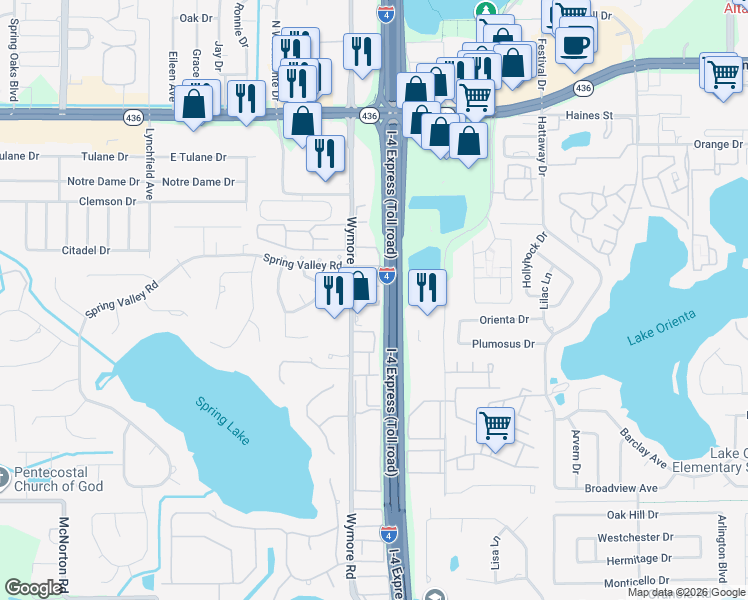 map of restaurants, bars, coffee shops, grocery stores, and more near 425 Wymore Road in Altamonte Springs