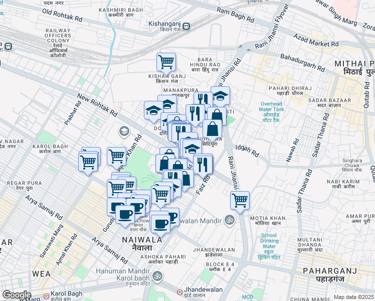 map of restaurants, bars, coffee shops, grocery stores, and more near 1 New Rohtak Road in New Delhi