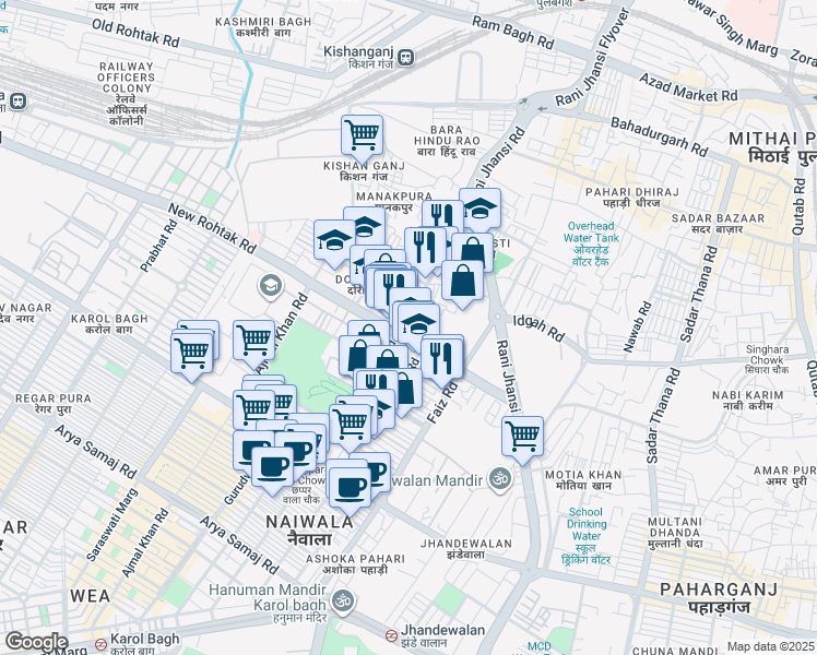 map of restaurants, bars, coffee shops, grocery stores, and more near 1 New Rohtak Road in New Delhi