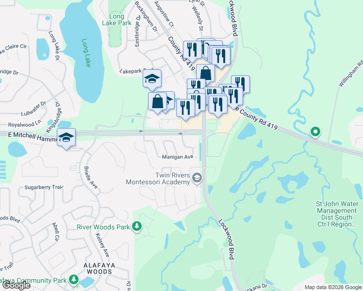 map of restaurants, bars, coffee shops, grocery stores, and more near 1002 Vernon Loop in Oviedo