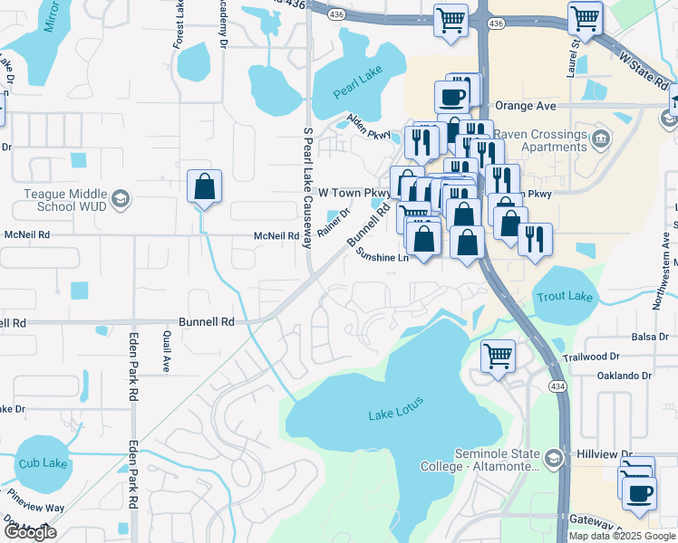 map of restaurants, bars, coffee shops, grocery stores, and more near 1070 Bunnell Road in Altamonte Springs