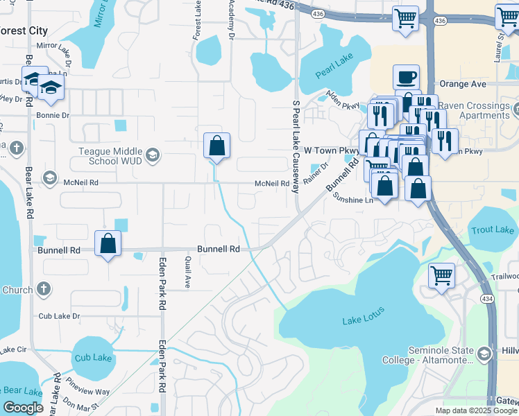 map of restaurants, bars, coffee shops, grocery stores, and more near 284 Pinestraw Circle in Altamonte Springs
