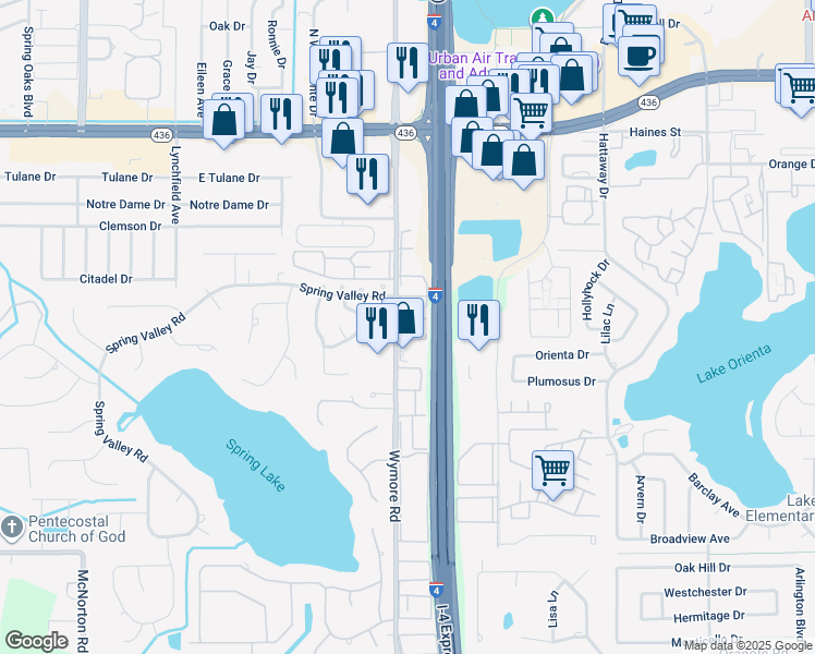 map of restaurants, bars, coffee shops, grocery stores, and more near 425 Wymore Road in Altamonte Springs