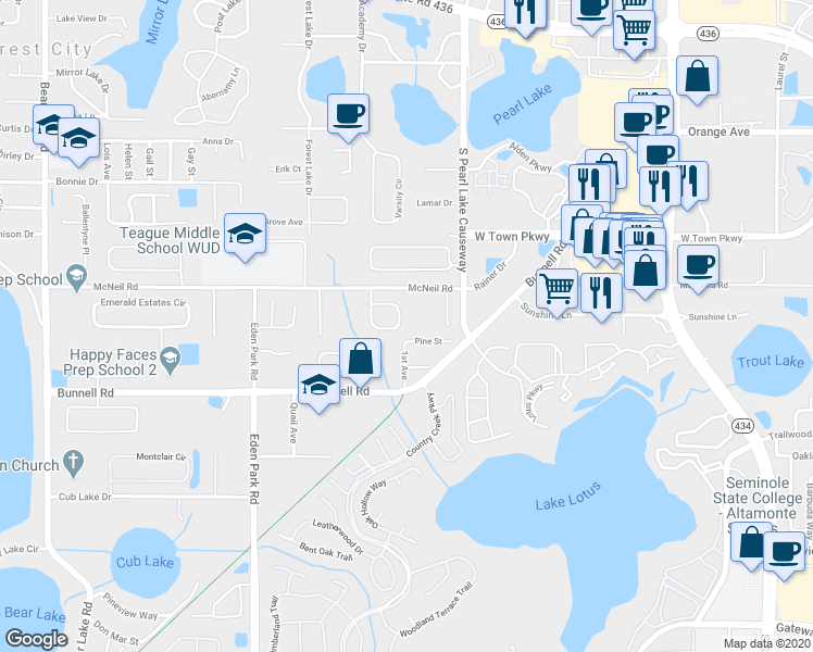 map of restaurants, bars, coffee shops, grocery stores, and more near 284 Pinestraw Circle in Altamonte Springs