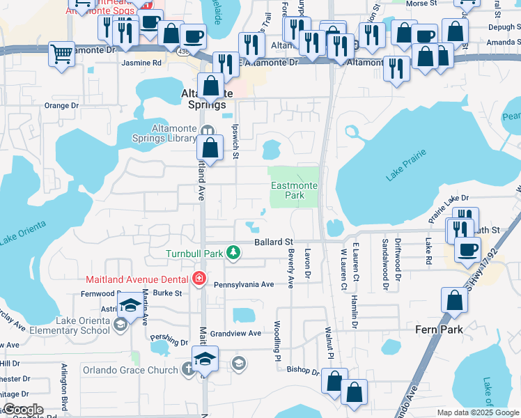 map of restaurants, bars, coffee shops, grocery stores, and more near 847 Ballard Street in Altamonte Springs