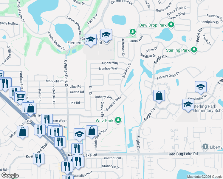 map of restaurants, bars, coffee shops, grocery stores, and more near 608 Doheny Way in Casselberry