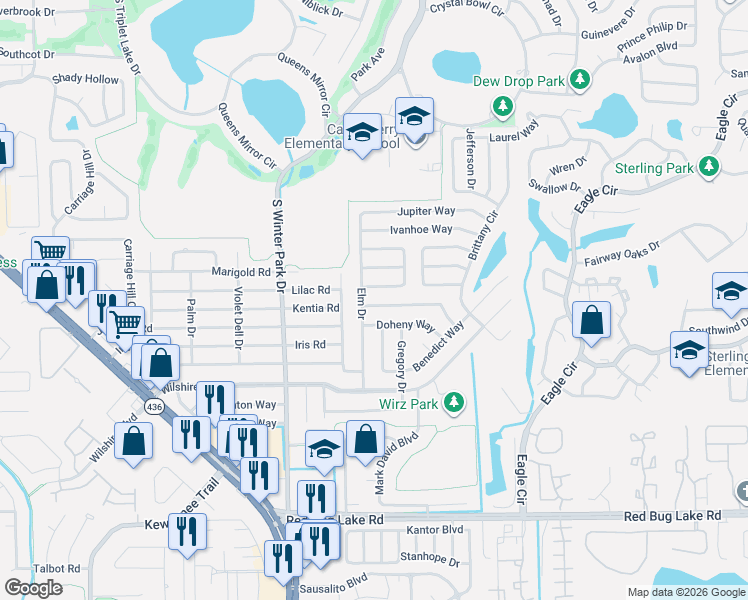 map of restaurants, bars, coffee shops, grocery stores, and more near 429 Elm Drive in Casselberry
