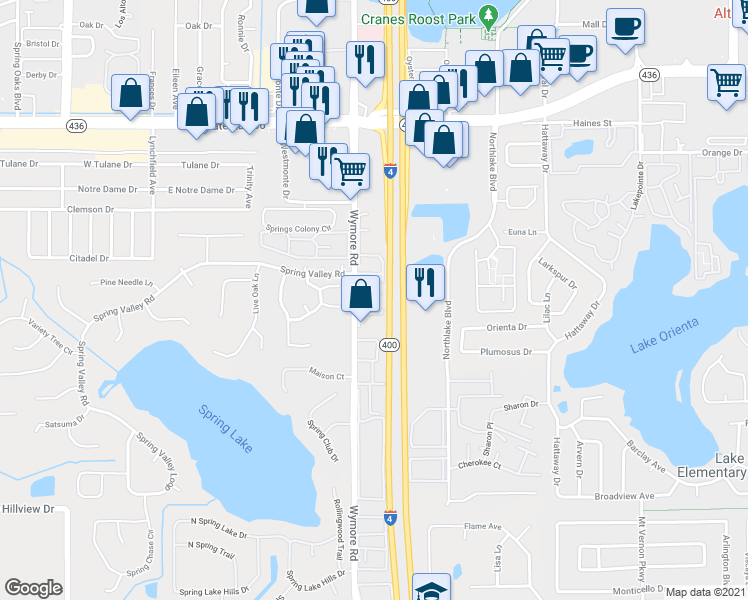 map of restaurants, bars, coffee shops, grocery stores, and more near 425 Wymore Road in Altamonte Springs
