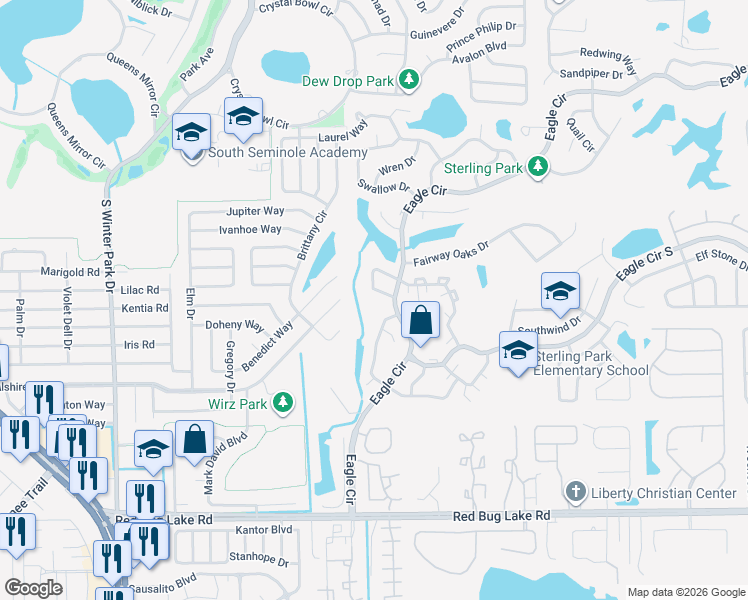 map of restaurants, bars, coffee shops, grocery stores, and more near 613 Brittany Court in Casselberry