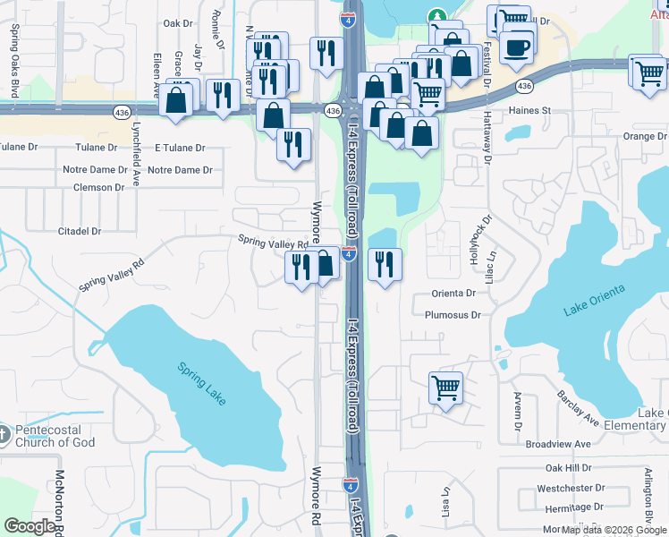 map of restaurants, bars, coffee shops, grocery stores, and more near 425 Wymore Road in Altamonte Springs