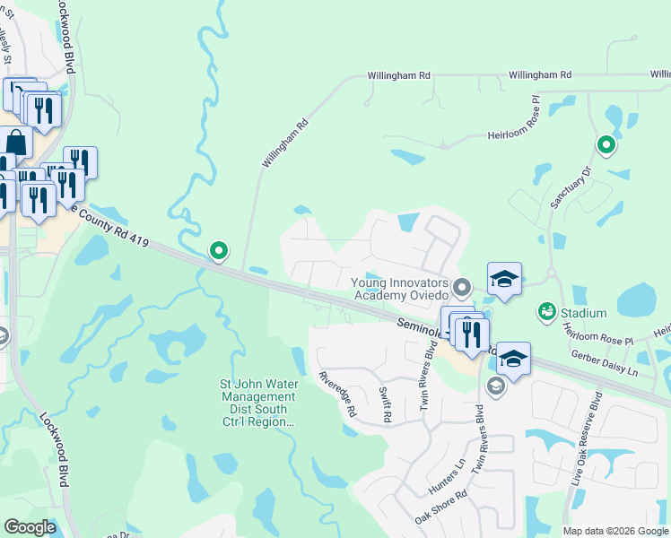 map of restaurants, bars, coffee shops, grocery stores, and more near 1092 Calla Lily Cove in Oviedo
