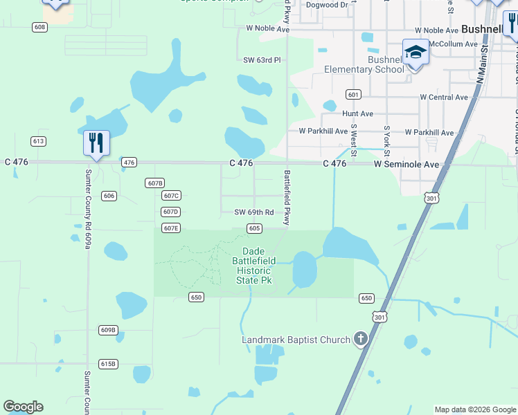 map of restaurants, bars, coffee shops, grocery stores, and more near 1340 County Road 604 in Bushnell