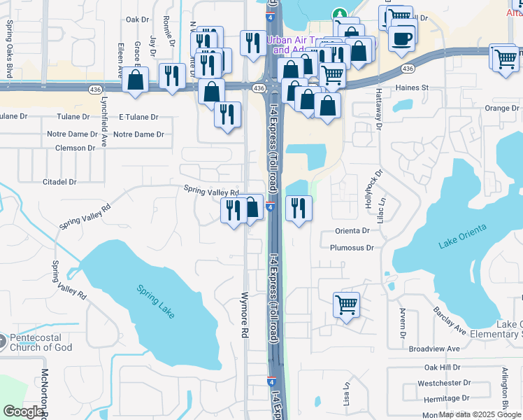 map of restaurants, bars, coffee shops, grocery stores, and more near 395 Wymore Road in Altamonte Springs