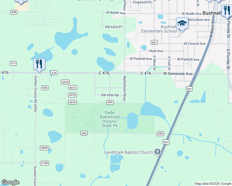 map of restaurants, bars, coffee shops, grocery stores, and more near 1340 County Road 604 in Bushnell