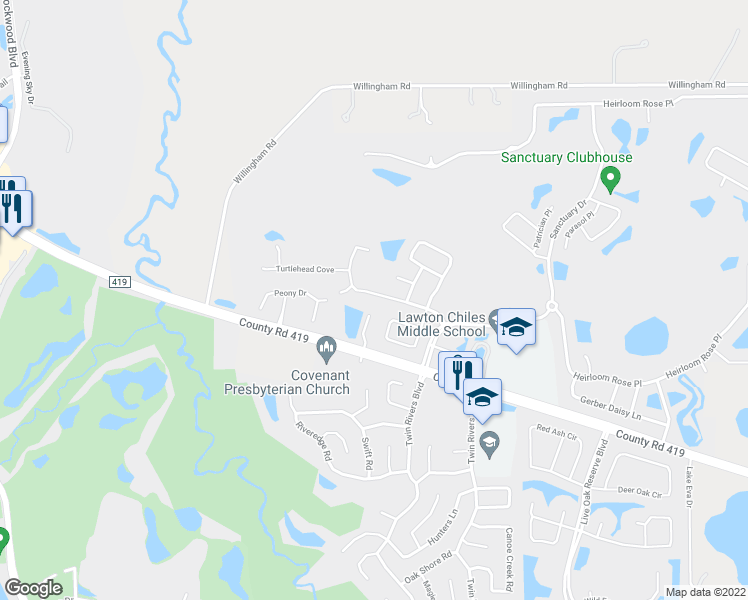 map of restaurants, bars, coffee shops, grocery stores, and more near 2923 Spring Heather Place in Oviedo
