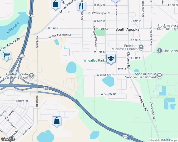 map of restaurants, bars, coffee shops, grocery stores, and more near 227 West 20th Street in Apopka