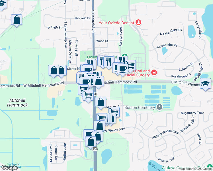 map of restaurants, bars, coffee shops, grocery stores, and more near 182 East Mitchell Hammock Road in Oviedo