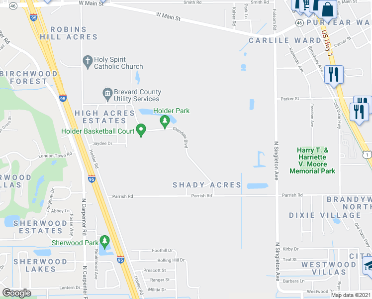 map of restaurants, bars, coffee shops, grocery stores, and more near 2650 Glendale Boulevard in Mims