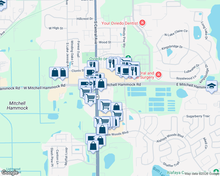 map of restaurants, bars, coffee shops, grocery stores, and more near 186 East Mitchell Hammock Road in Oviedo