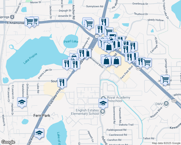 map of restaurants, bars, coffee shops, grocery stores, and more near in Casselberry