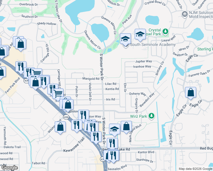 map of restaurants, bars, coffee shops, grocery stores, and more near 384 South Winter Park Drive in Casselberry