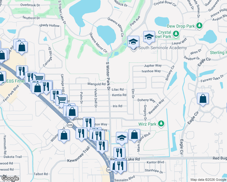 map of restaurants, bars, coffee shops, grocery stores, and more near 384 South Winter Park Drive in Casselberry