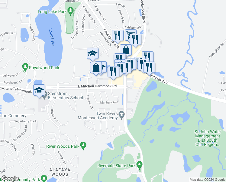 map of restaurants, bars, coffee shops, grocery stores, and more near 1004 Manigan Avenue in Oviedo