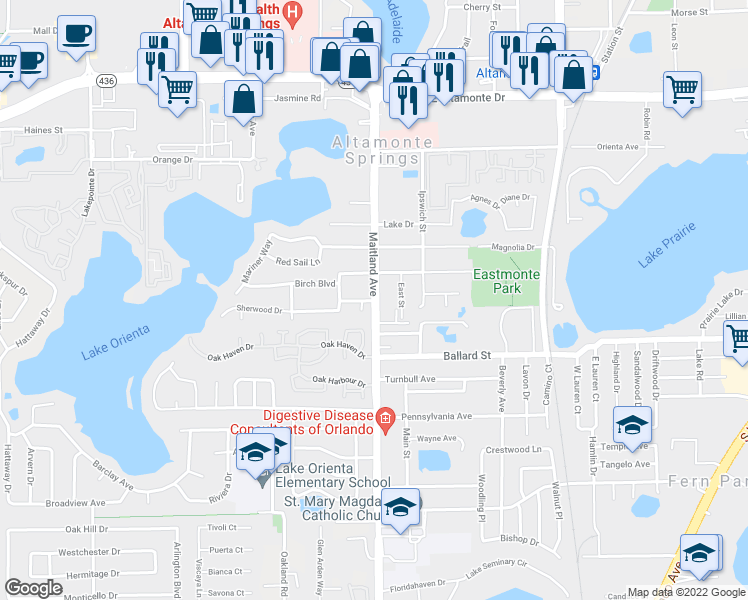map of restaurants, bars, coffee shops, grocery stores, and more near 1001 Sherwood Drive in Altamonte Springs