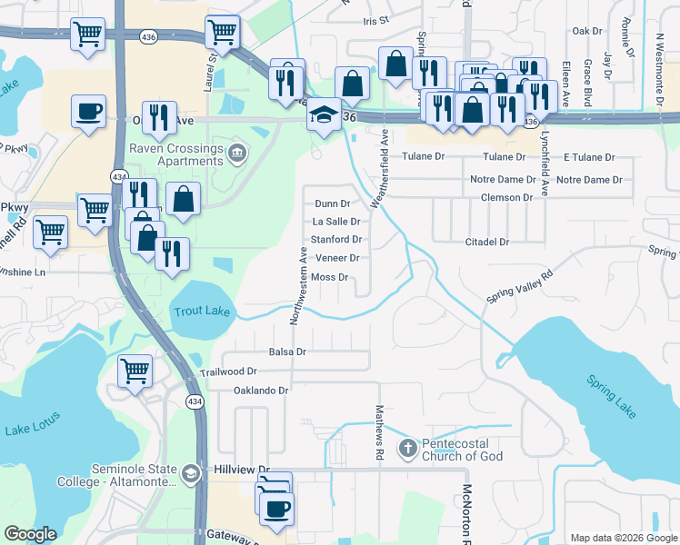 map of restaurants, bars, coffee shops, grocery stores, and more near 652 Moss Drive in Altamonte Springs