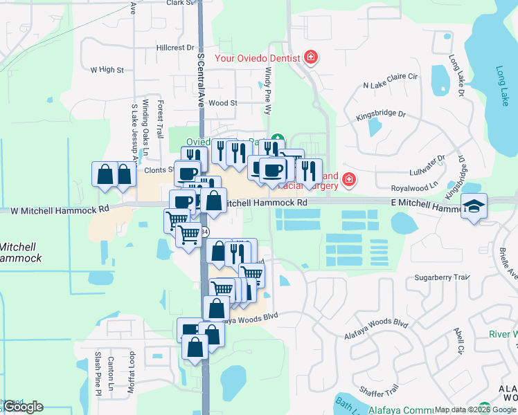 map of restaurants, bars, coffee shops, grocery stores, and more near 234 East Mitchell Hammock Road in Oviedo