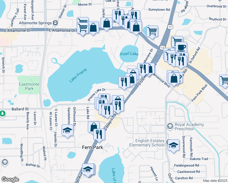 map of restaurants, bars, coffee shops, grocery stores, and more near 609 Prairie Lake Drive in Casselberry