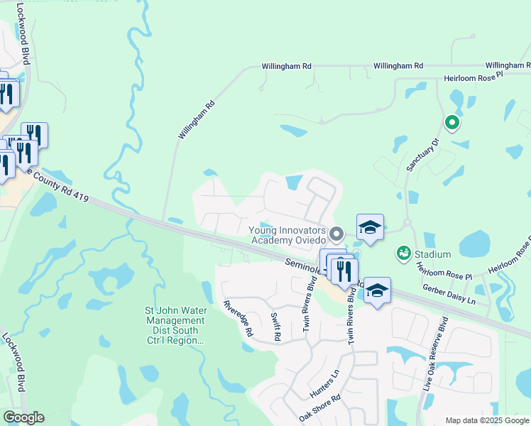 map of restaurants, bars, coffee shops, grocery stores, and more near 2895 Spring Heather Place in Oviedo