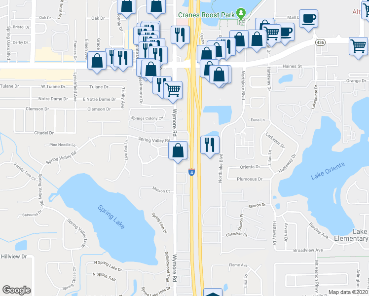 map of restaurants, bars, coffee shops, grocery stores, and more near 345 Wymore Road in Altamonte Springs