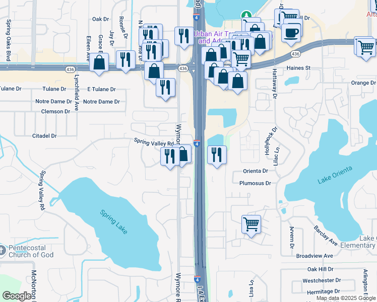 map of restaurants, bars, coffee shops, grocery stores, and more near 345 Wymore Road in Altamonte Springs