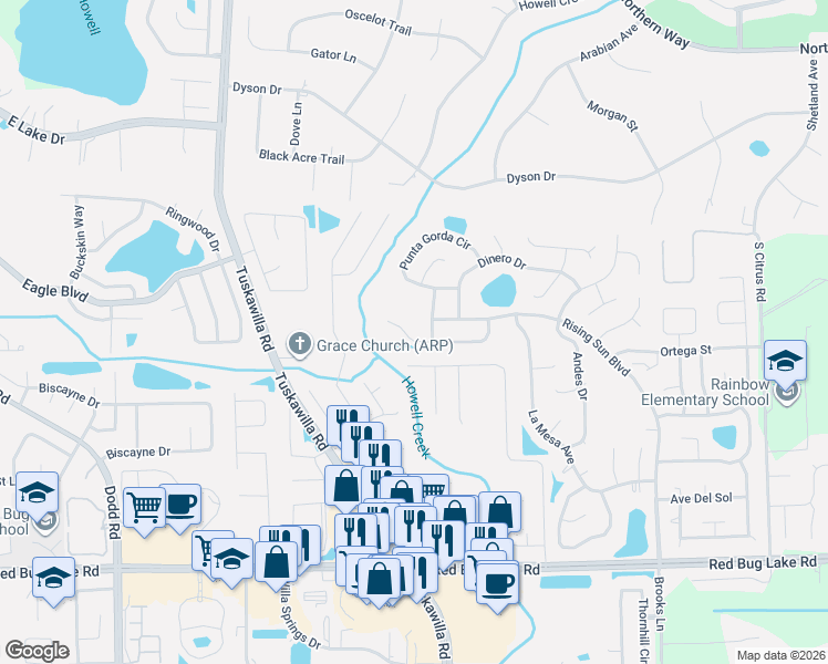map of restaurants, bars, coffee shops, grocery stores, and more near 1184 Mapimi Court in Winter Springs
