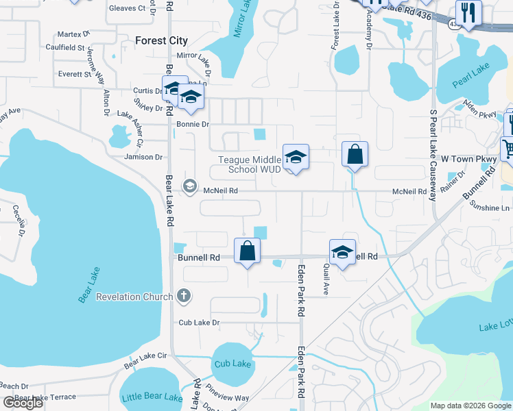 map of restaurants, bars, coffee shops, grocery stores, and more near 3952 McNeil Road in Apopka