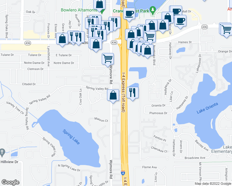 map of restaurants, bars, coffee shops, grocery stores, and more near 345 Wymore Road in Altamonte Springs