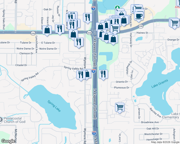 map of restaurants, bars, coffee shops, grocery stores, and more near 375 Wymore Road in Altamonte Springs