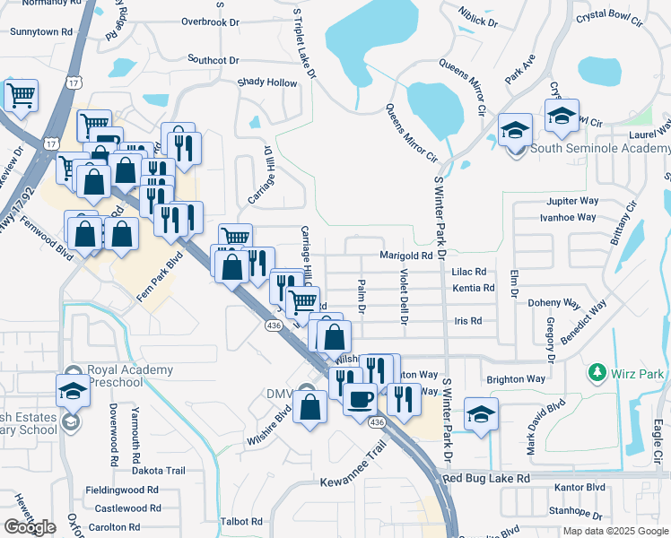 map of restaurants, bars, coffee shops, grocery stores, and more near 441 Tulip Trail in Casselberry