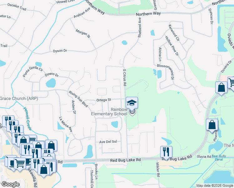 map of restaurants, bars, coffee shops, grocery stores, and more near 1304 Alfonzo Circle in Winter Springs