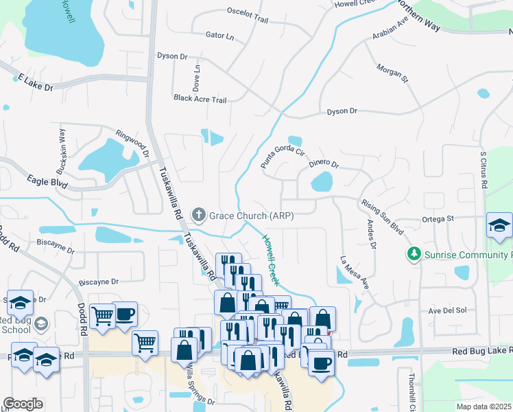map of restaurants, bars, coffee shops, grocery stores, and more near 1163 Mapimi Court in Winter Springs