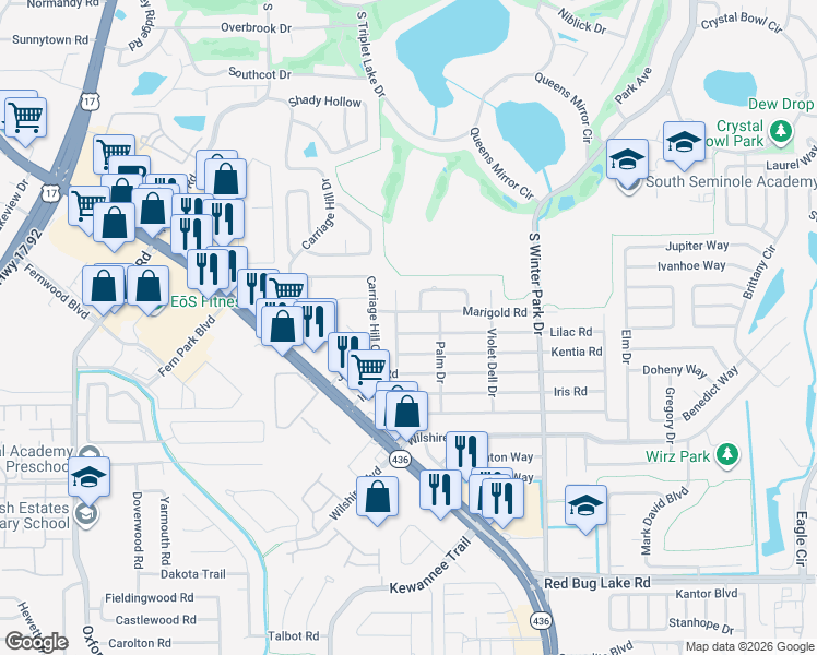 map of restaurants, bars, coffee shops, grocery stores, and more near 441 Tulip Trail in Casselberry