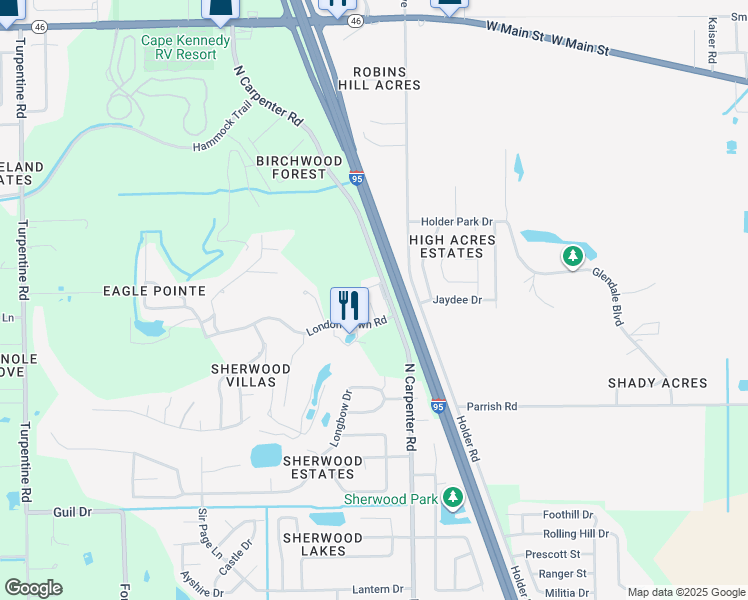 map of restaurants, bars, coffee shops, grocery stores, and more near 4304 London Town Road in Titusville